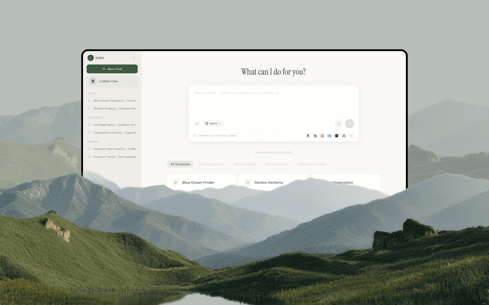 Luckee AI commerce workspace framed by layered mountain scenery